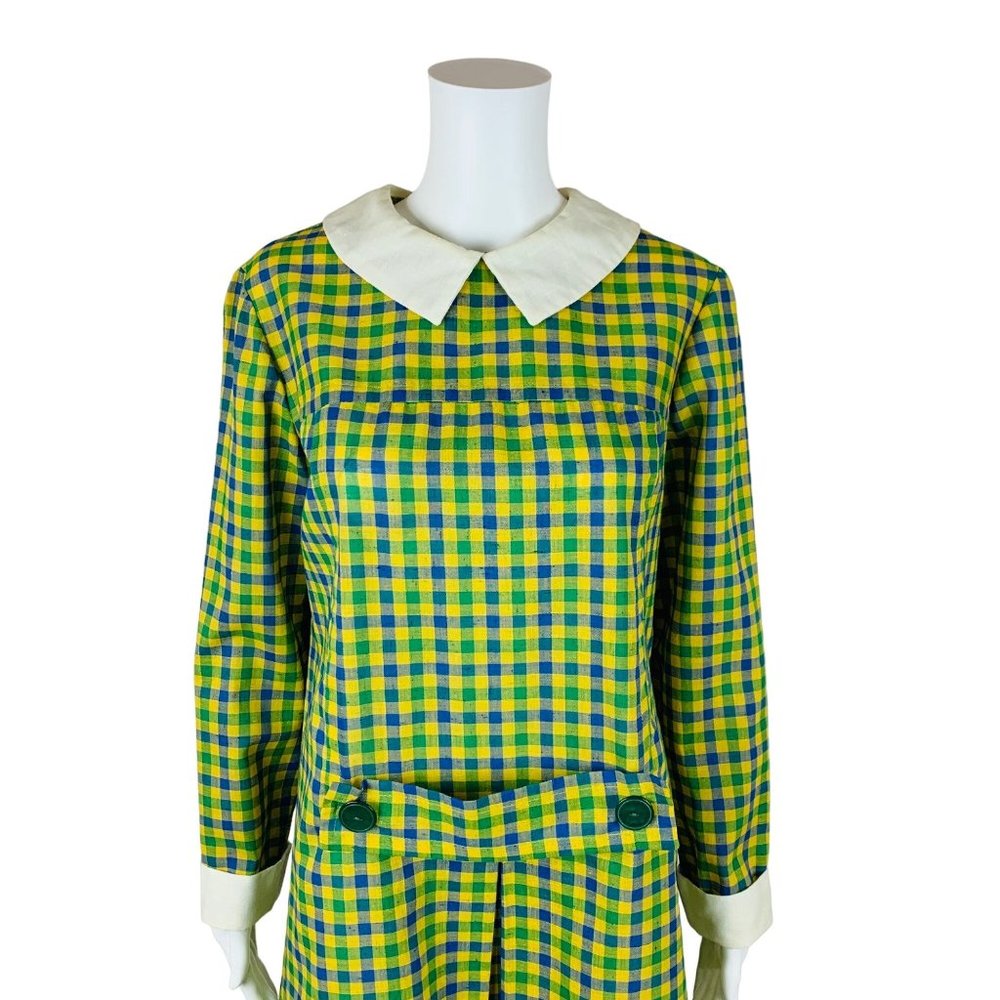 Vintage 1960s Checkered Dress Blue Green Schoolgirl Peter Pan Collar Sears - Picture 2 of 11